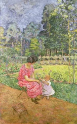 Donna e bambino in un giardino